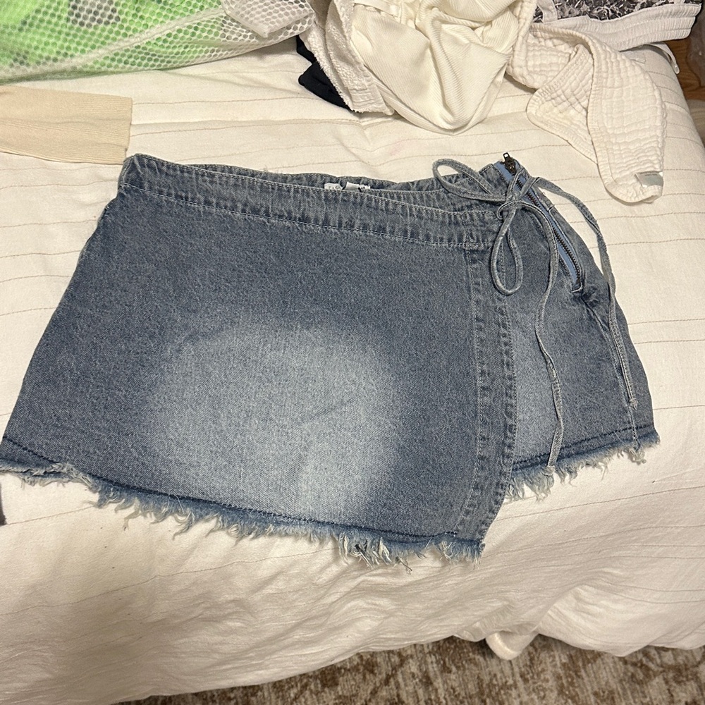 Denim Wrap Skirt with Frayed Hem